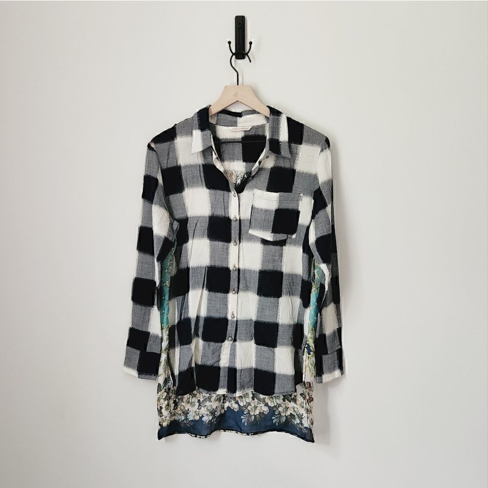 Soft Surroundings Plaid Button Down Chiffon Back Long Sleeve